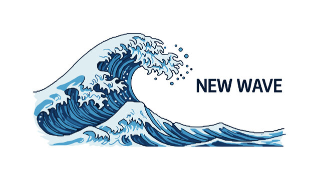 Stylized pixel art of a powerful ocean wave crashing with text "NEW WAVE"
