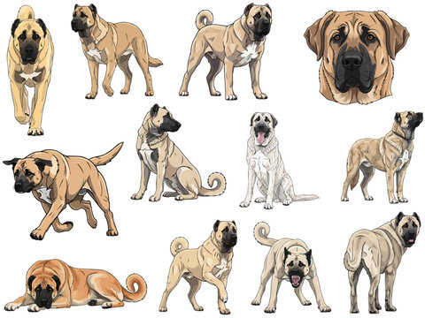 Kangal Shepherd Dog 12 profile poses collection vector illustration
