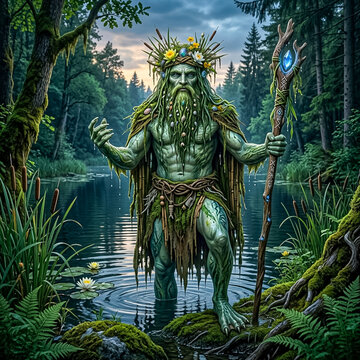 Slavic Water Spirit Vodyanoy Standing in Mystical Forest Lake