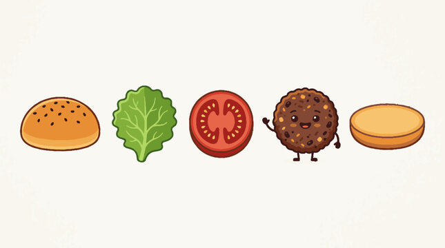 Cute cartoon burger ingredients illustration set.