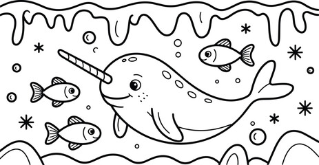 Cute narwhal swimming with three small fish and abstract wavy lines, stars, and bubbles illustration and sea animal, marine life © Pappu0099