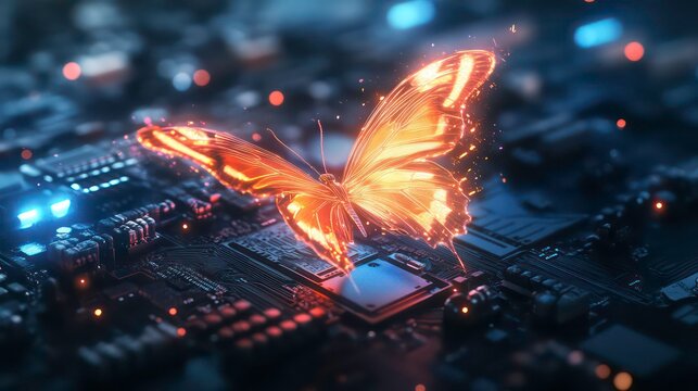 A glowing butterfly emerging from a computer chip.