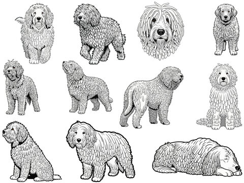 Komondor dog 11 profile poses bundle pack vector illustration