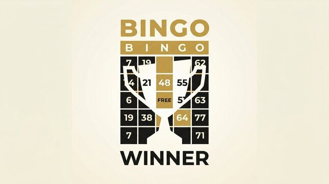 A graphic design featuring a bingo card with numbers, overlaid by a golden trophy silhouette, with 'BINGO BINGO' and 'WINNER' text.