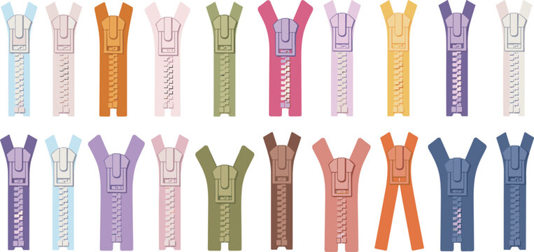 Colorful zipper collection in open position, showcasing fashion accessory diversity, vibrant textile design, and creative garment artwork style