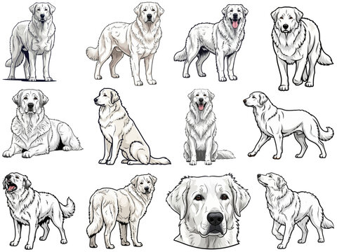 Kuvasz dog 12 profile poses collection vector illustration