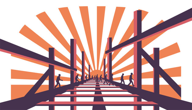 Silhouettes of construction workers walking on a steel frame structure against a dramatic sunburst background, teamwork, infrastructure development, and industrial progress.