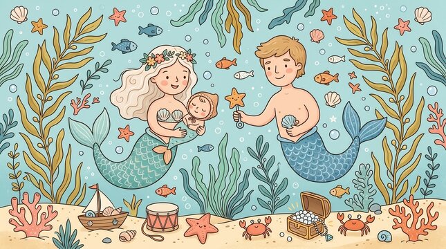 Mermaid mother cradles her baby as merman father offers a starfish toy underwater