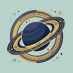 A stylized illustration of a dark planet with golden ring systems © Napoli