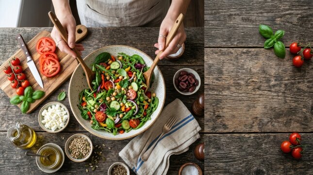 Freshly prepared vibrant salad with assorted vegetables and chickpeas on a rustic wooden table
