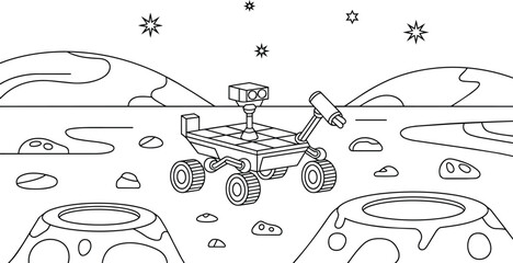 Space exploration rover on a rocky alien planet surface with craters and stars in the, illustration and outer vehicle © Pappu0099