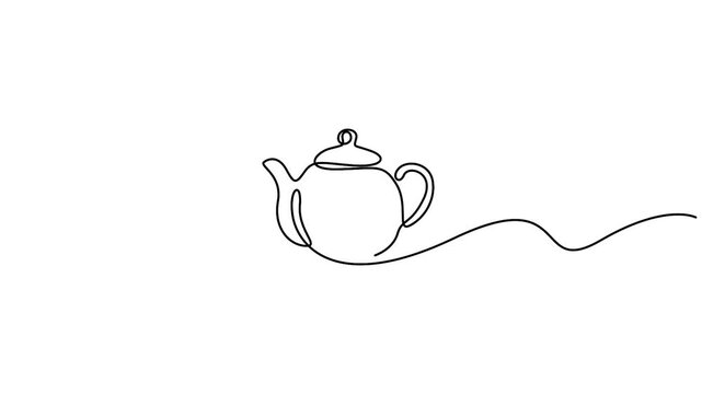 Teapot animation in continuous line drawing style for kitchen and cafe branding. Minimalist single line art animation of a classic teapot on a clean white background.