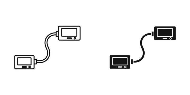 Two electronic devices linked by a cable with a clean background showing connectivity and data transfer concept