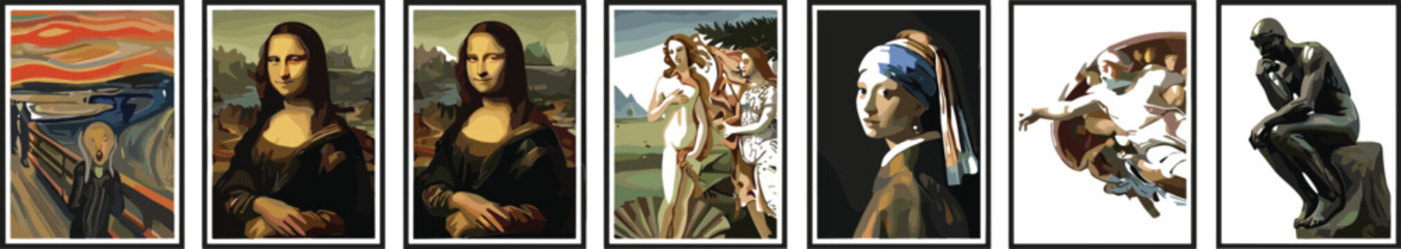 Famous Classical Masterpiece Painting Framed Vector Set Featuring Da Vinci Mona Lisa, Vermeer Girl With Pearl Earring, and Rodin Thinker for Museum Education and Art History Graphics