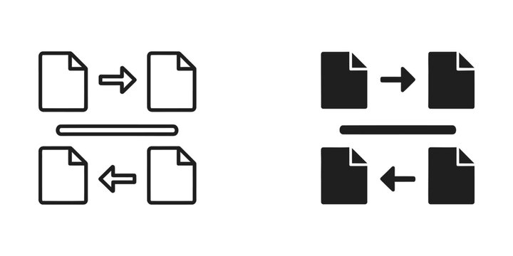 Two pairs of document icons with directional arrows indicating data transfer in a clean line art and solid fill style
