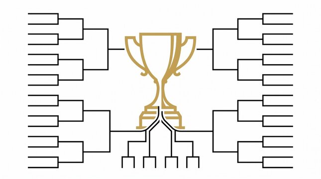 A detailed tournament bracket diagram with a golden trophy at its center, illustrating a competition structure.