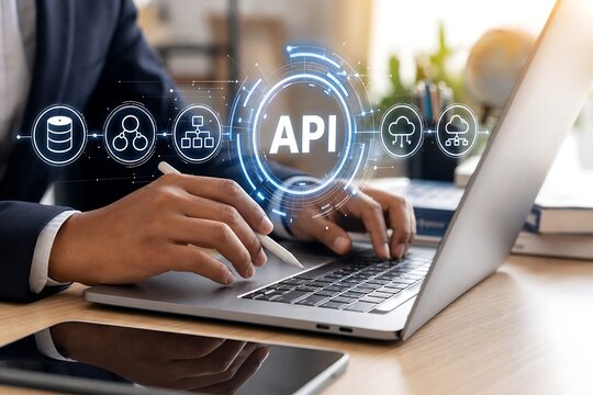 Professional using a laptop while interacting with a digital interface showcasing api integration and cloud-based technology icons.