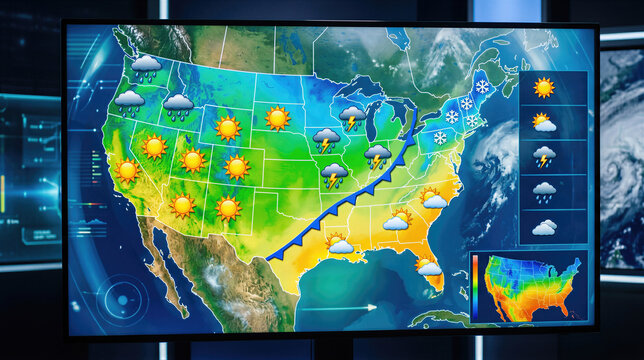 Weather map on digital screen showing forecast for United States. Meteorologist tool with temperature zones and climate symbols. Reporting environmental data with front line movement.