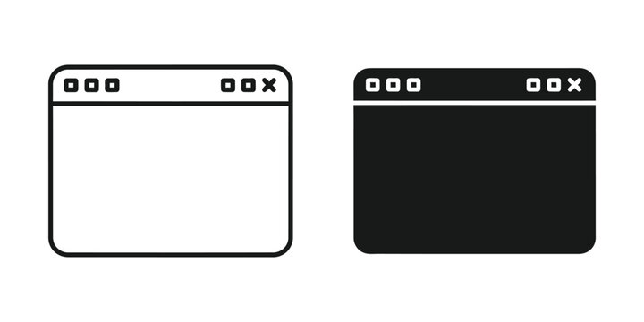 Web browser window outlines and solid shapes in black and white for digital interface design