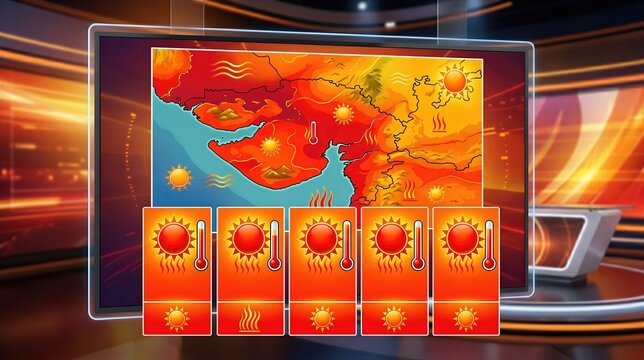 Weather map showing extreme heat wave across region. Digital broadcast monitor with high temperature forecast. Climate change and global warming visualization for news media presentation.