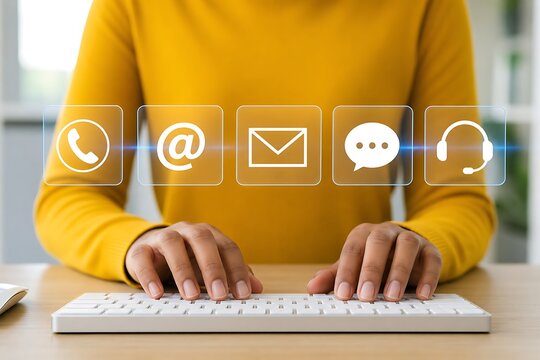Person in a yellow sweater types on a keyboard while various communication icons float above their hands representing different contact methods.