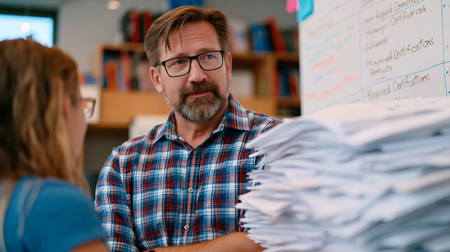 Cybersecurity university program administrator reviews lengthy stack of unqualified resumes beside whiteboard listing minimum required certifications for entry-level analyst role, student advisor se