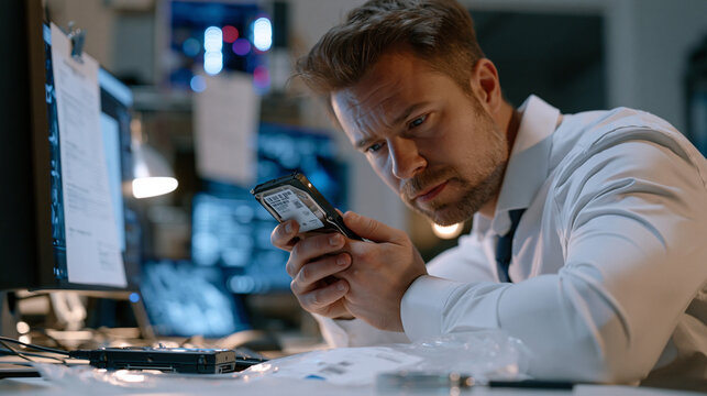 Digital forensics investigator in quiet evidence examination room photographs seized hard drive connected to write-blocker device, chain of custody documentation clipped to forensic workstation moni