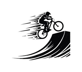 Naklejka premium Silhouette of a cyclist performing a jump on a ramp with speed lines