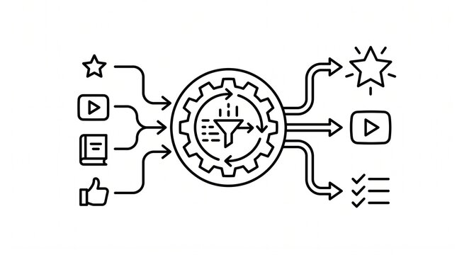 Iconic representation of a data processing and filtering system, transforming diverse inputs into refined, optimized outputs.