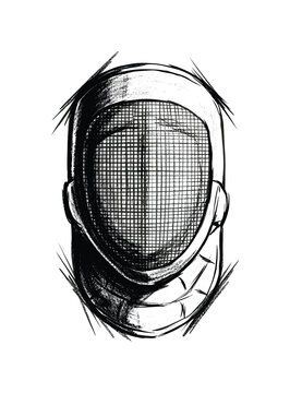 Dramatic black and white sketch of a fencing mask with a mesh visor