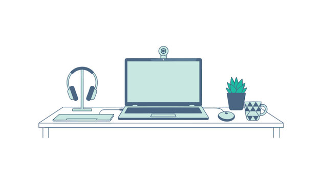 Clean desk workspace featuring open laptop with webcam, headphones on stand, small succulent plant, and patterned coffee mug for remote work.