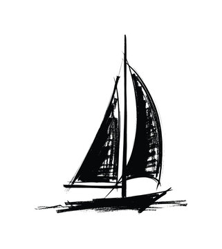 Minimalist black ink sketch of a sailboat with full sails on the water