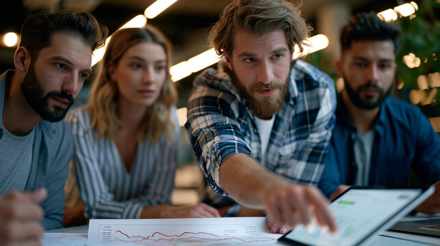 founding team gathered in tense silence around folding table in rented coworking space, printout of declining metrics at center, one member pointing toward new market direction on tablet screen, piv