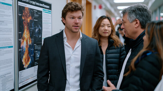 Graduate student in physics department hallway presents quantum cryptography thesis poster to visiting industry delegation, photonic entanglement diagrams visible on mounted board, startup recruiter