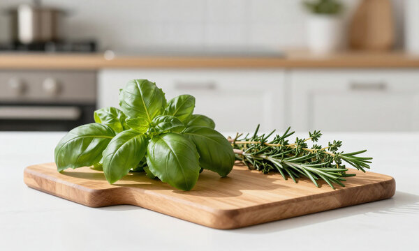 fresh bunches basil rosemary thyme arranged naturally two wooden boards subtle warm light casting gentle shadows