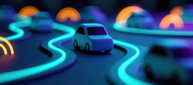 Campus safety routes with glowing paths and generic vehicles at night