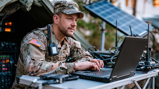 Military communications officer in portable field shelter connects encrypted satellite terminal to tactical operations network, antenna positioning visible through open shelter flap against open sky