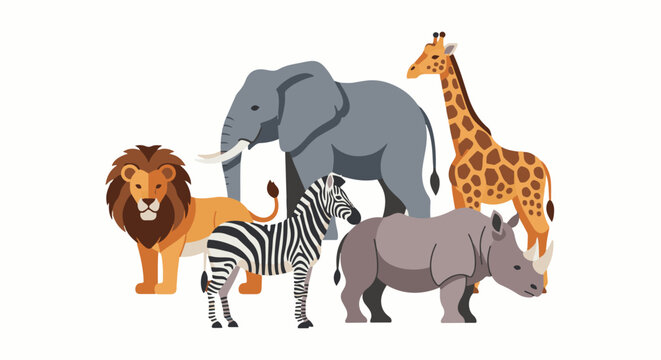 A pixelated collection of safari animals lion, zebra, elephant, giraffe, and rhinoceros
