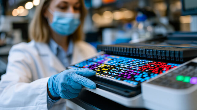 Research biochemist loading multiplexed biomarker discovery immunoassay panels onto automated plate reader, translational medicine scientist validating plasma protein signatures for early stage panc