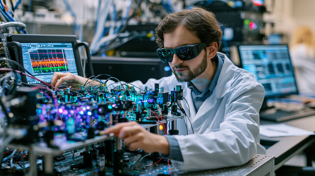 Research scientist in university physics clean room adjusts quantum key distribution transmitter housing, optical bench carrying polarized photon routing components connected to encrypted laboratory