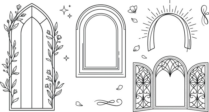 Elegant arched window frames line art icon set with gothic arch floral vine sunburst and decorative vintage elements