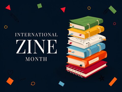 International zine month poster with a stack of colorful notebooks and journals on a dark background