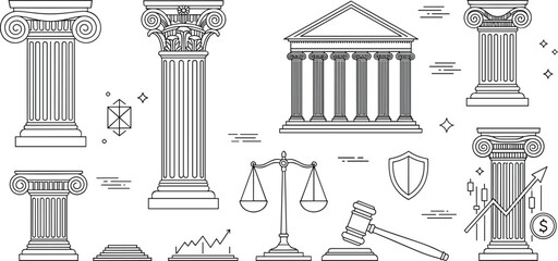 Naklejka premium Ancient greek pillars line art icon set with roman columns temple justice scales law gavel and finance charts