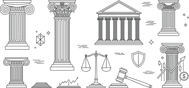 Ancient greek pillars line art icon set with roman columns temple justice scales law gavel and finance charts