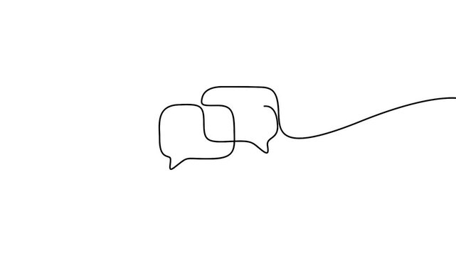 Speech bubble animation in continuous line drawing style for communication concepts. Minimalist single line art animation of overlapping speech bubbles on a white background.