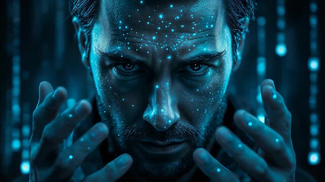 Close portrait of a man surrounded by glowing blue particles with both hands raised beside his face