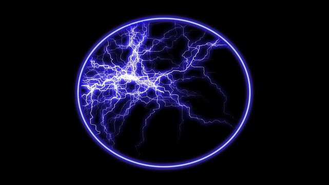 Abstract blue energy sphere with glowing electric lightning bolts pulsing inside a dark background for tech design.