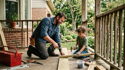 Obraz premium Father and son working on wooden deck renovation together. Dad teaching boy how to use construction tool for building house project. Family bonding on Fathers Day, home improvement concept.