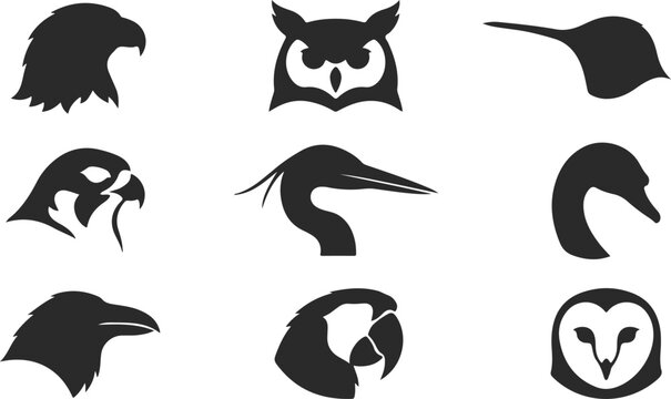 Set of bird head silhouettes, eagle, owl, parrot, raven, swan, heron, falcon