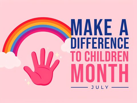 Make a difference to children month july vector illustration with rainbow and hand print